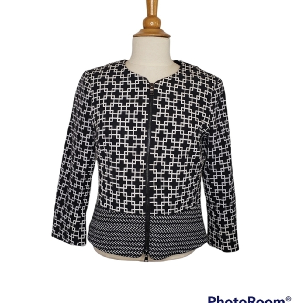 Saks Fifth Avenue Black Label Black White Geometric 2 Way Zip Jacket 4